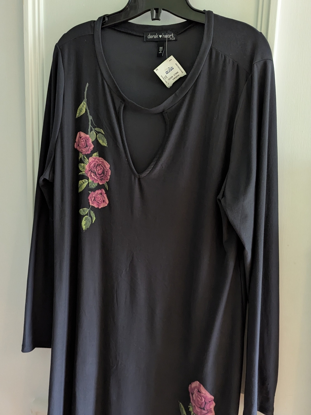 derek heart Grey Long Sleeve V-Neck Dress with Pink Rose Embroidery